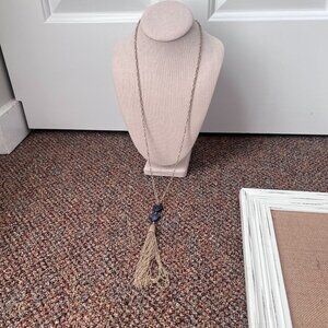 Long lanyard gold tone necklace metal tassel lapis lazuli triangle stone accent